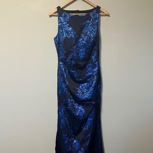 Aidan Mattox Metallic Navy Blue Floral Women's Dress